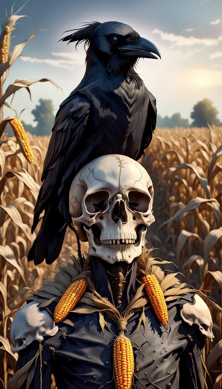 Crow on Skull Scarecrow in Dark Fantasy Style