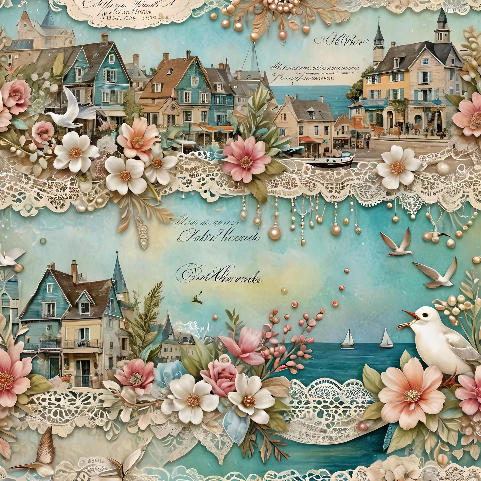 French Flower Market Collage with Coastal Village Scene