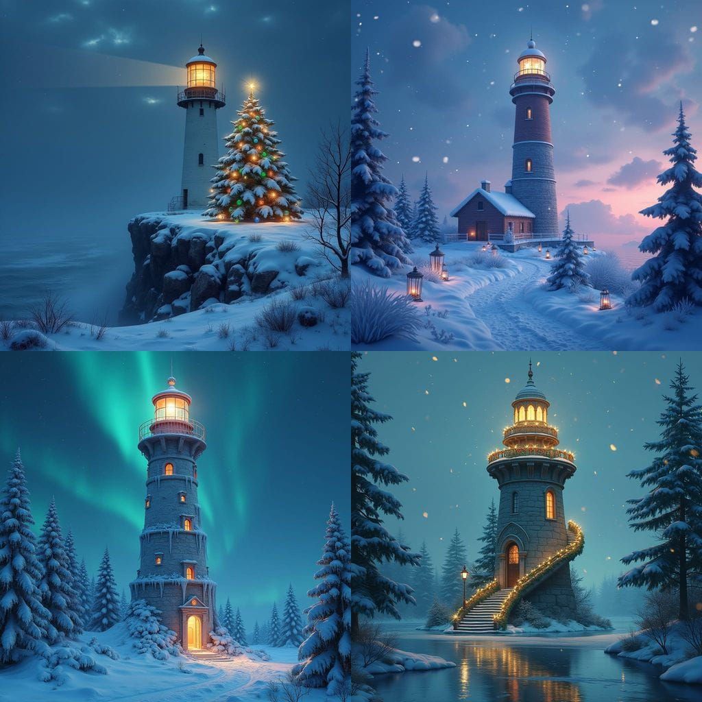 Luminous Winter Lighthouse in Vibrant Colors