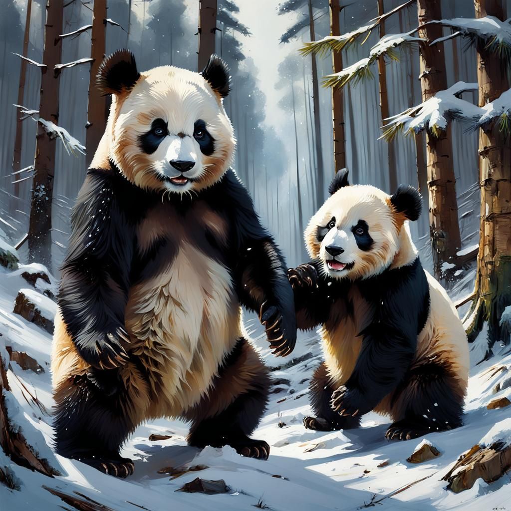 Pandas Playing in Snow: Detailed Matte Painting
