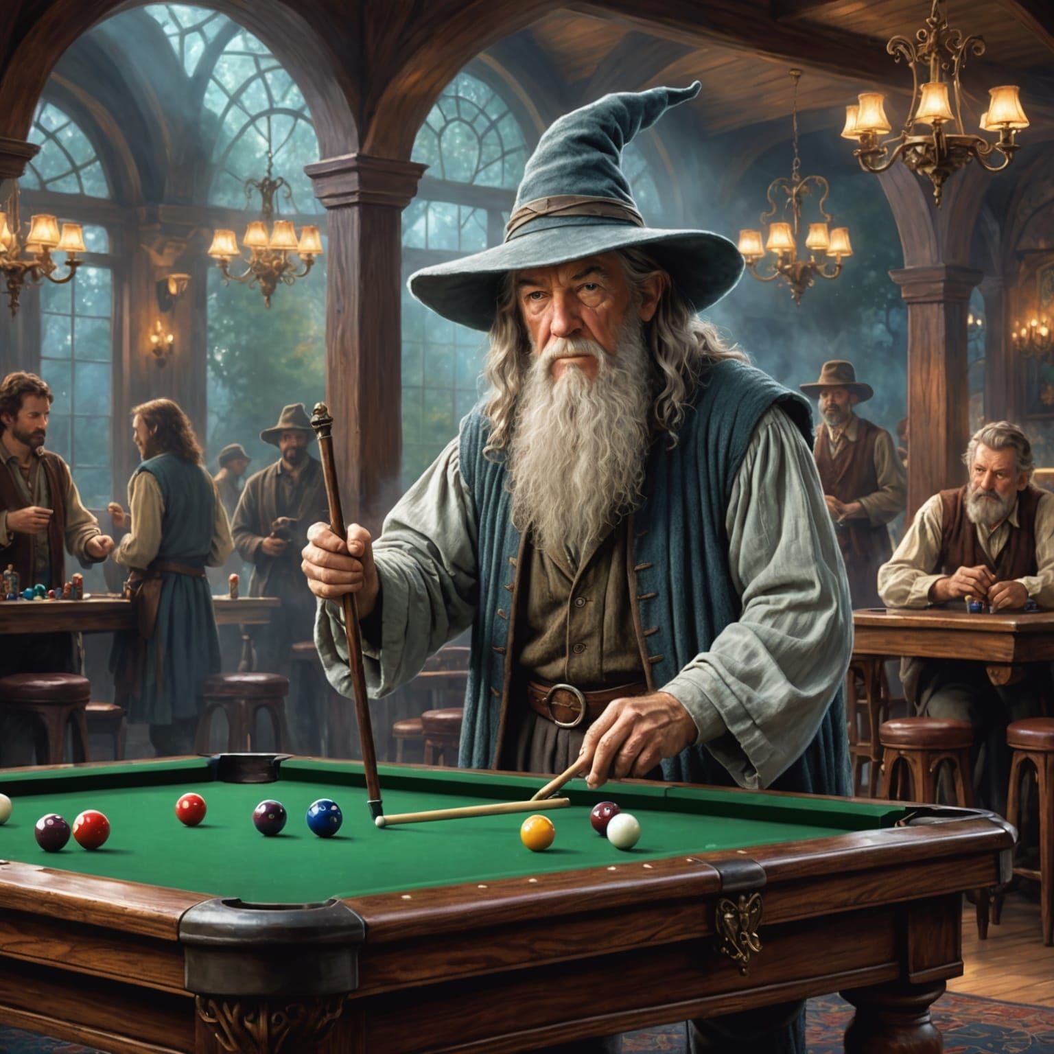 Gandalf Plays Pool: Ethereal Fantasy in Kinkade Style