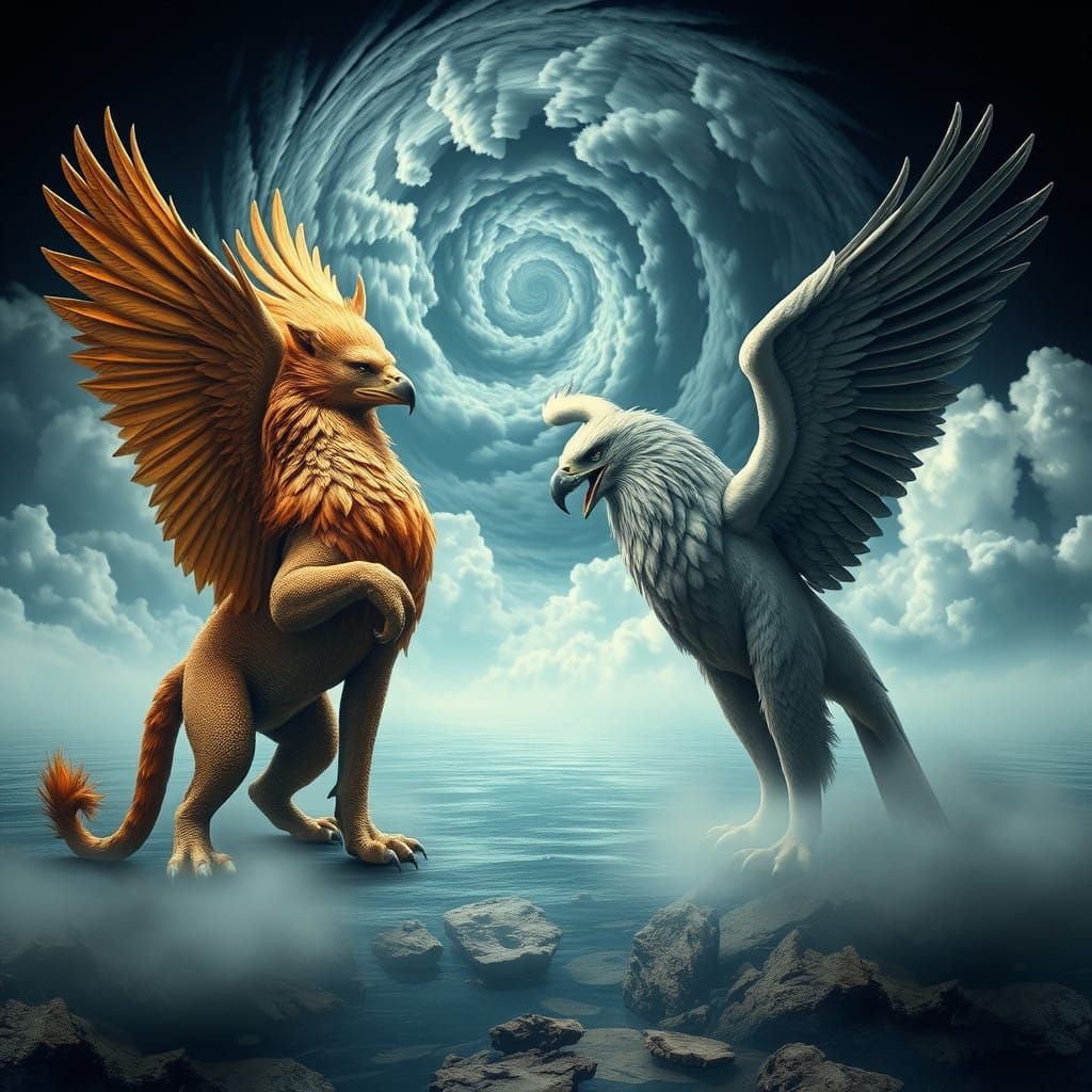 Surreal Gryphon and Griffin Confront in Whimsical Hall of Mi...