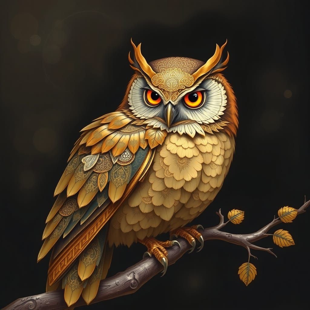 A mesmerizing and intricate artwork of a beautiful owl, meti...