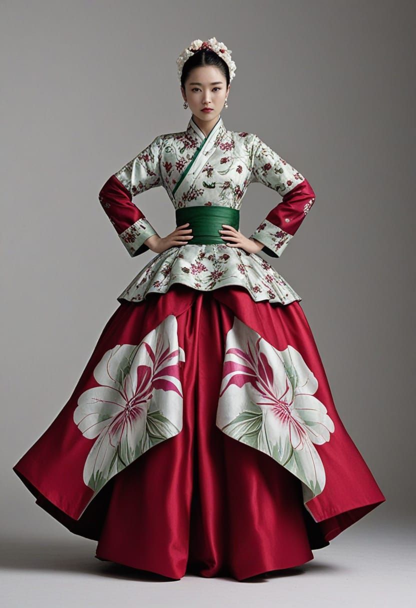 Surreal Hanbok Goddess in Purple and Green Haute Couture
