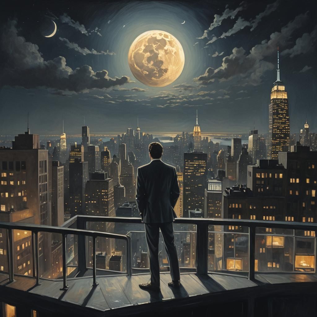 Melancholic Nightclub Scene with Bitcoin Moon, Cinematic