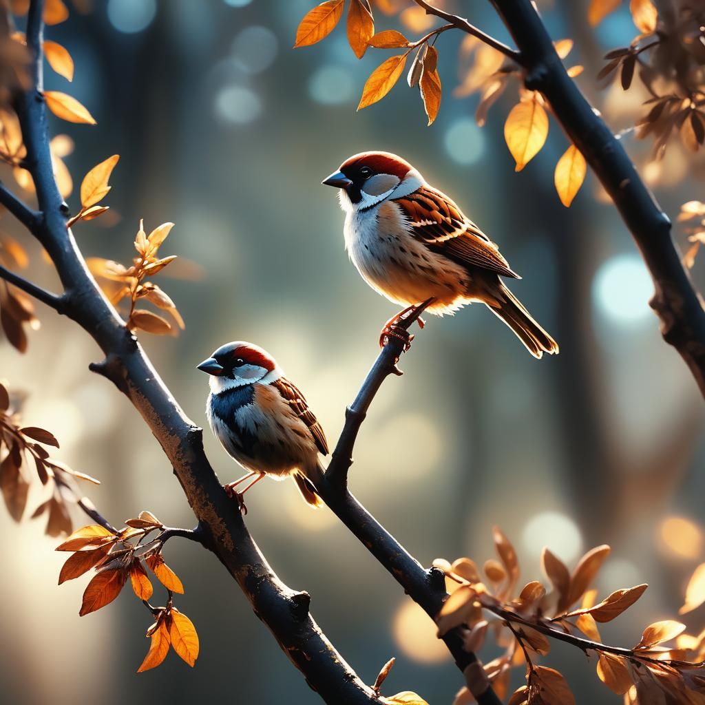 Sparrow on Branch in Hyper-Realistic Digital Painting