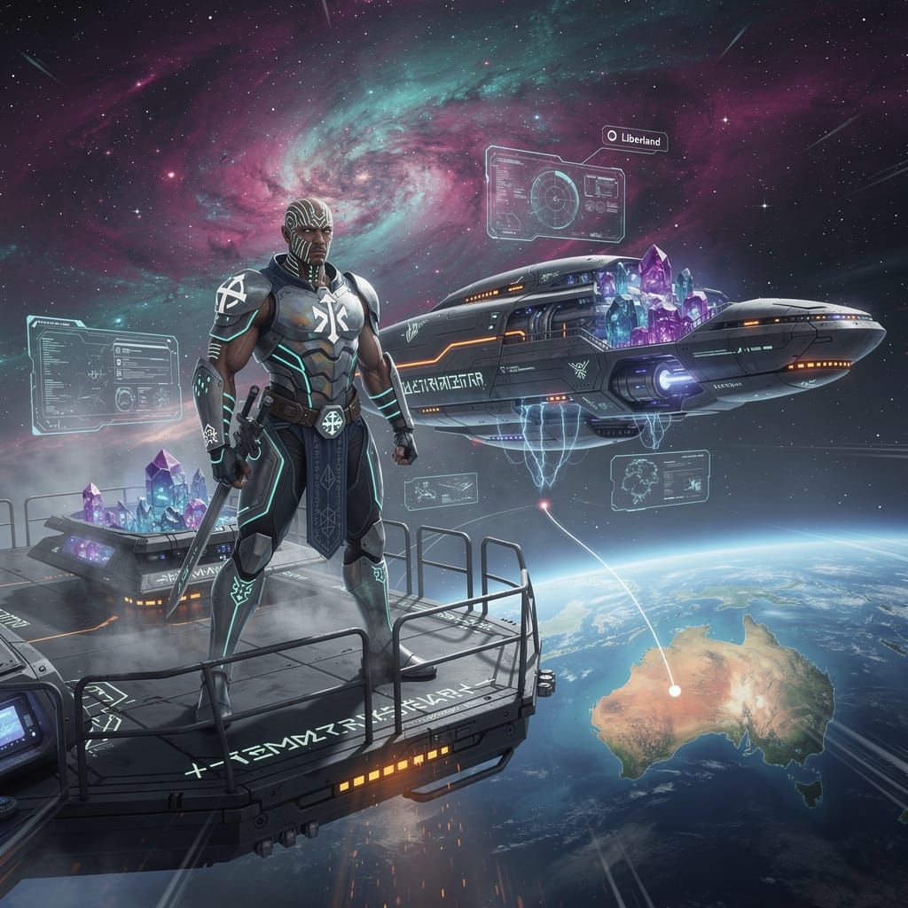 Futuristic Warrior on Alien Spaceship Approaching Earth