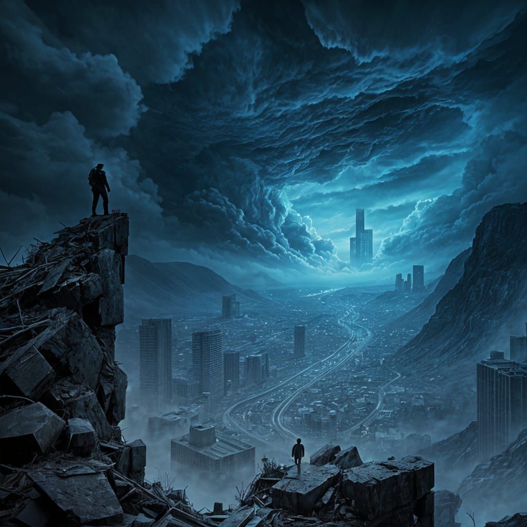 A Dystopian Scene Unfolds as the World Crumbles