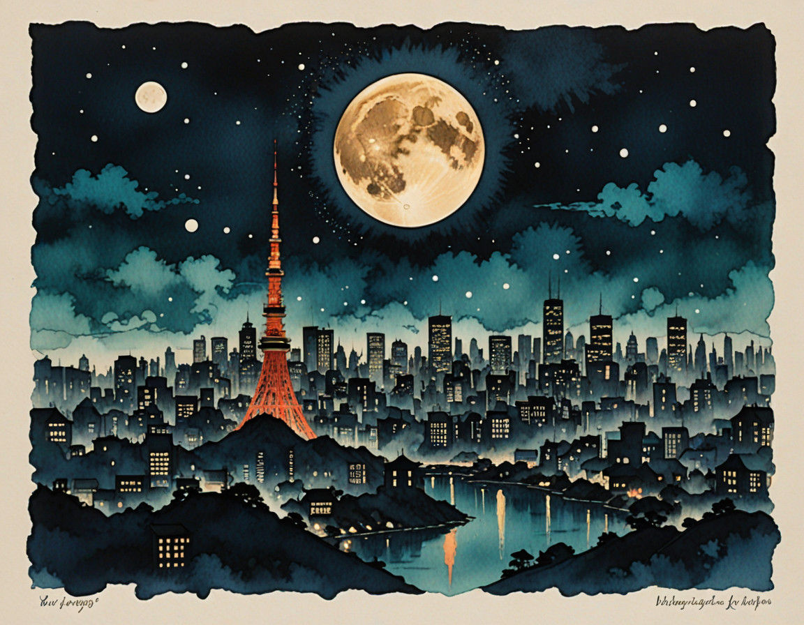 Moonlit Tokyo Cityscape in Modern European Ink Painting