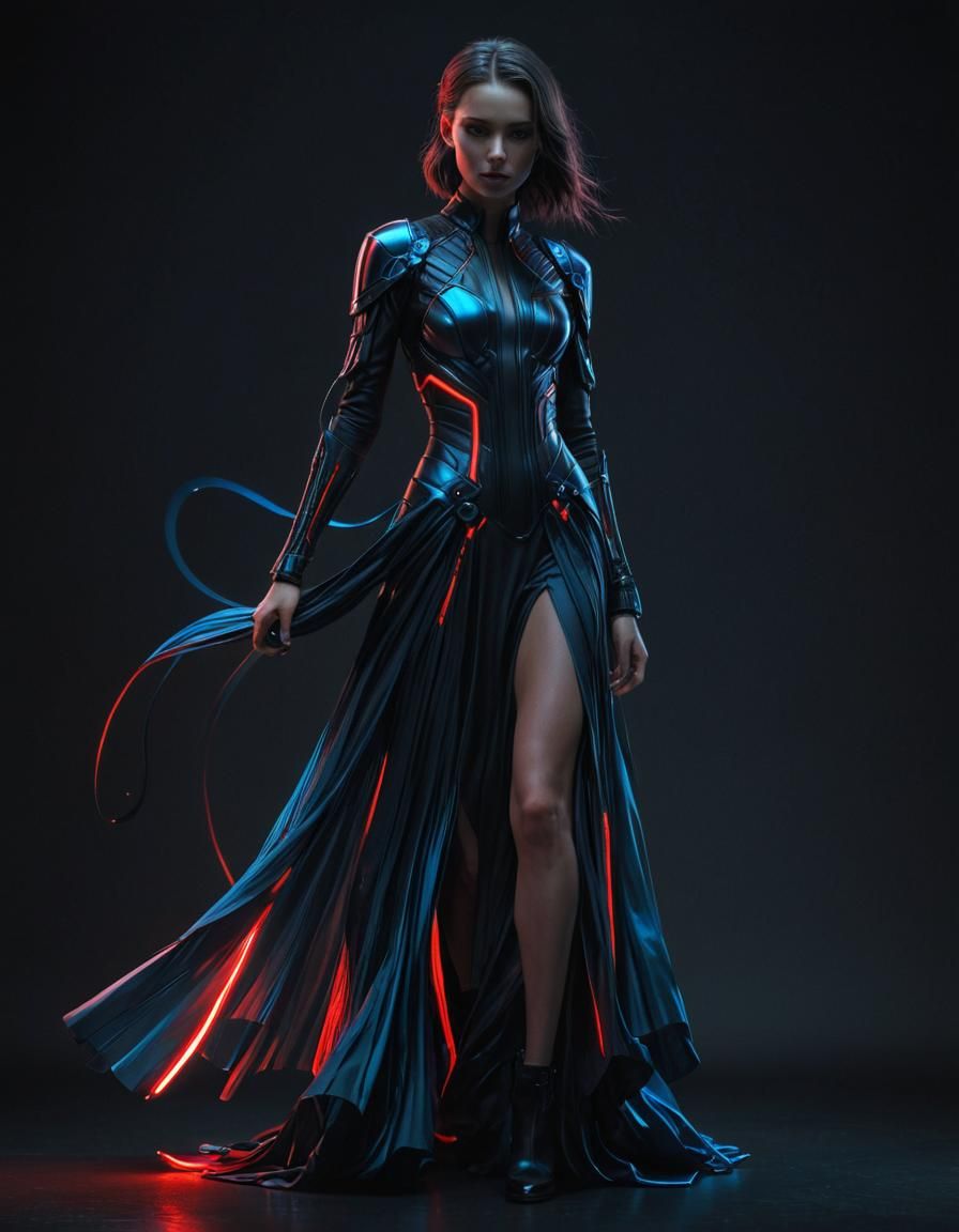 Cyberpunk Woman in Flowing Neon Dress