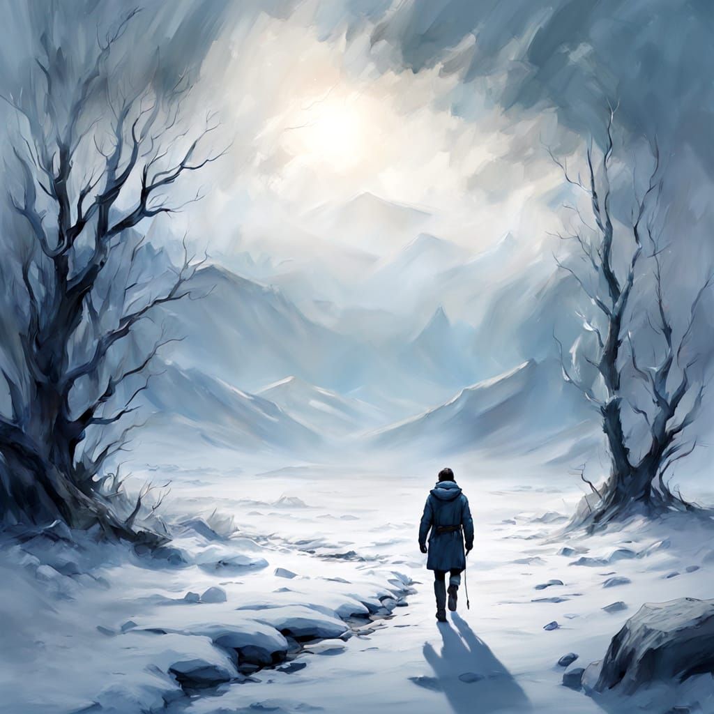 Solitary Figure in Desolate Winter Landscape Digital Paintin...