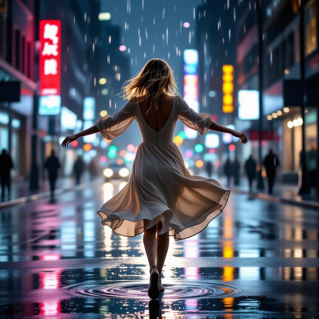 Woman Dancing in Neon Rain: Cinematic Photorealism