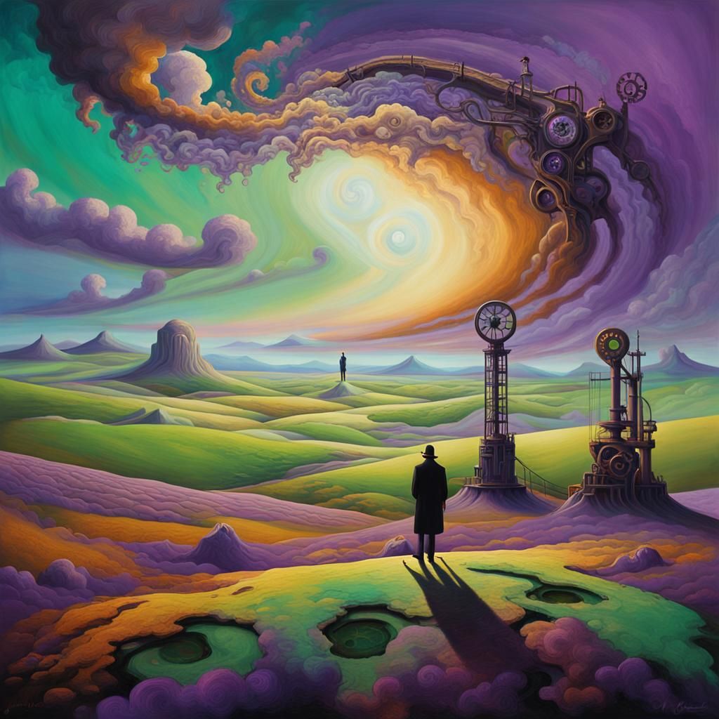 Surreal Desolate Landscape with Clockwork, Oil Painting