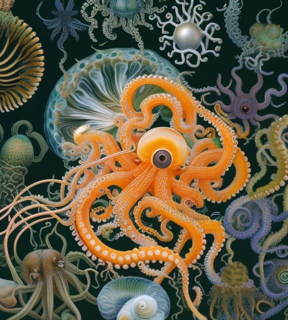 Detailed Book Illustration: Octopus and Sea Creatures