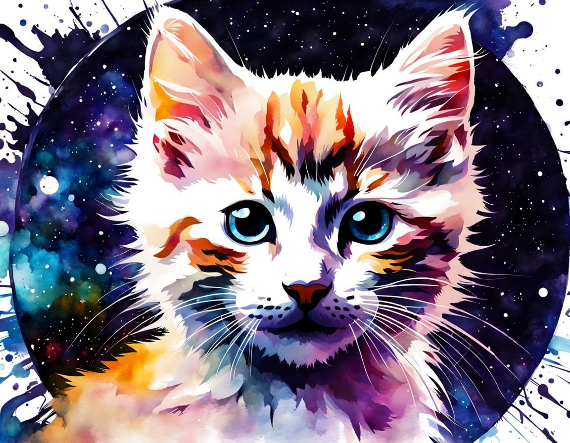 Surreal Kitten and Clock Double Exposure Watercolour