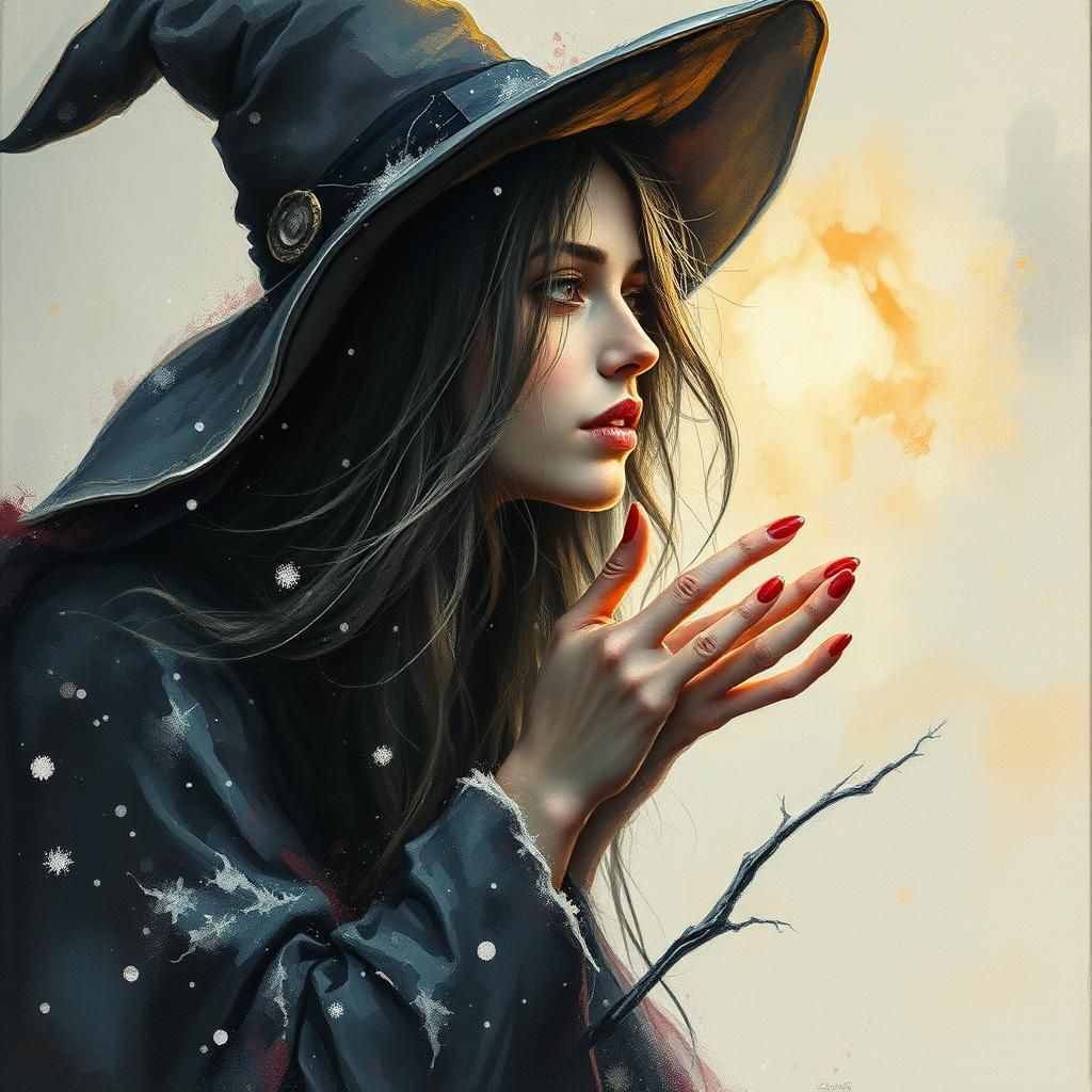 Witch in Frozen Weather, as Impasto Gouache Painting