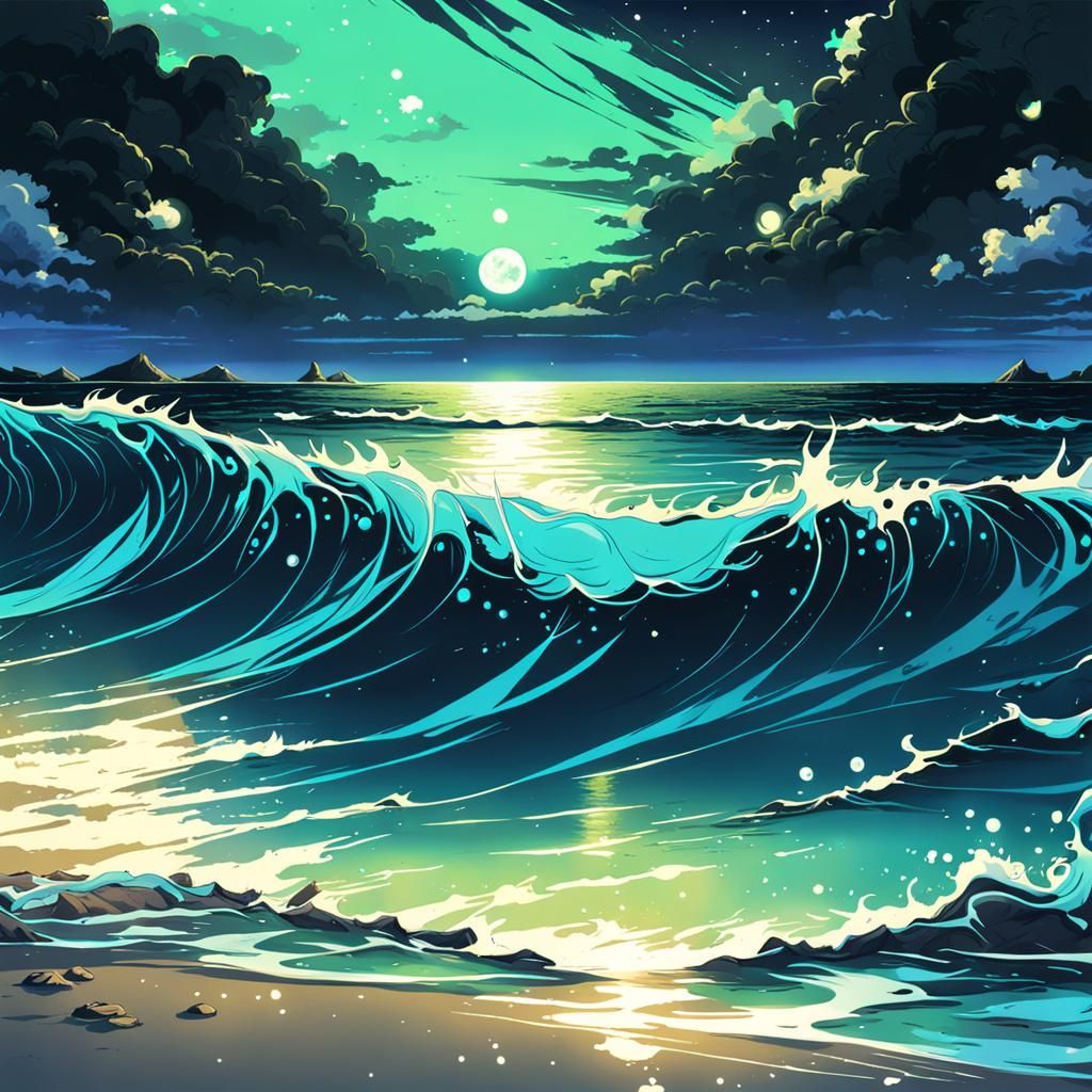 bioluminescent plankton in the waves at a beach at night