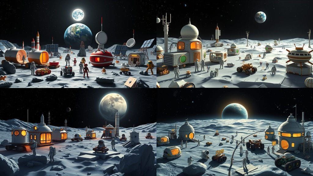 Origami Space Colonies on the Moon in Retro-Sci-Fi Style