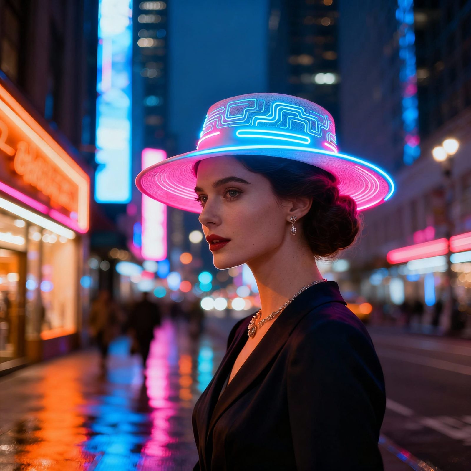 Elegant Woman with Luminous OLED Hat on City Street