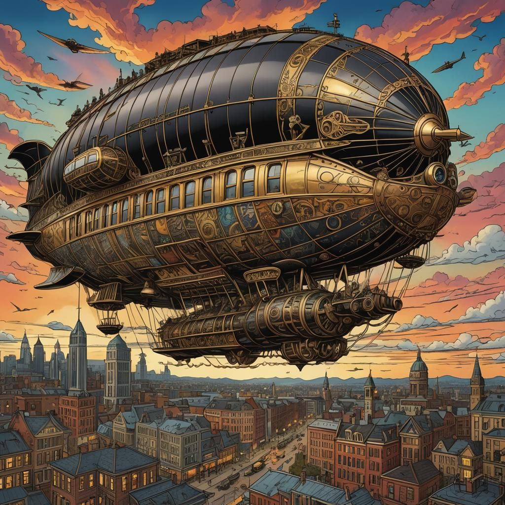 Steampunk Zeppelin's Dramatic Fall: Brass Line Art