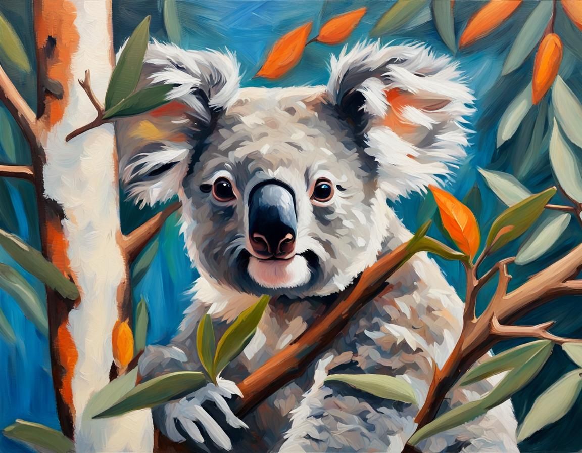 Cute Koala in Gum Trees as Impasto Oil Painting