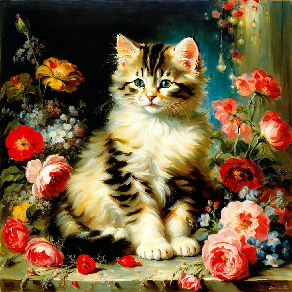 Cat on Pillow Surrounded by Flowers, Makart Style