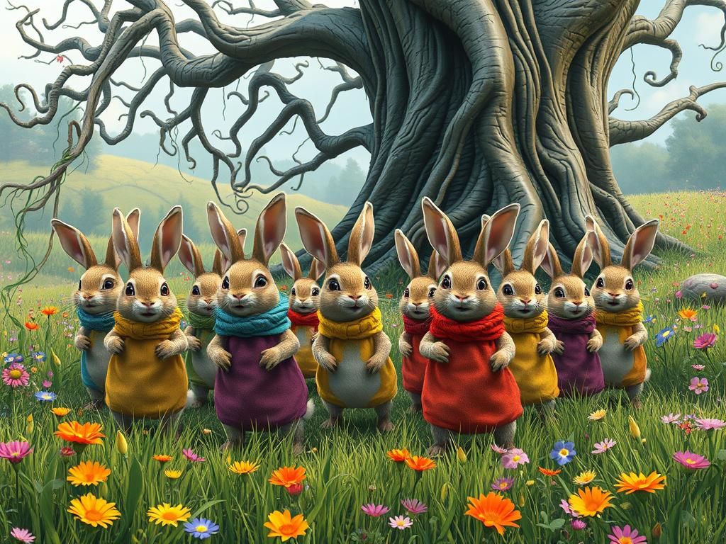Rabbits Compete in Sack Race: Fantasy Art