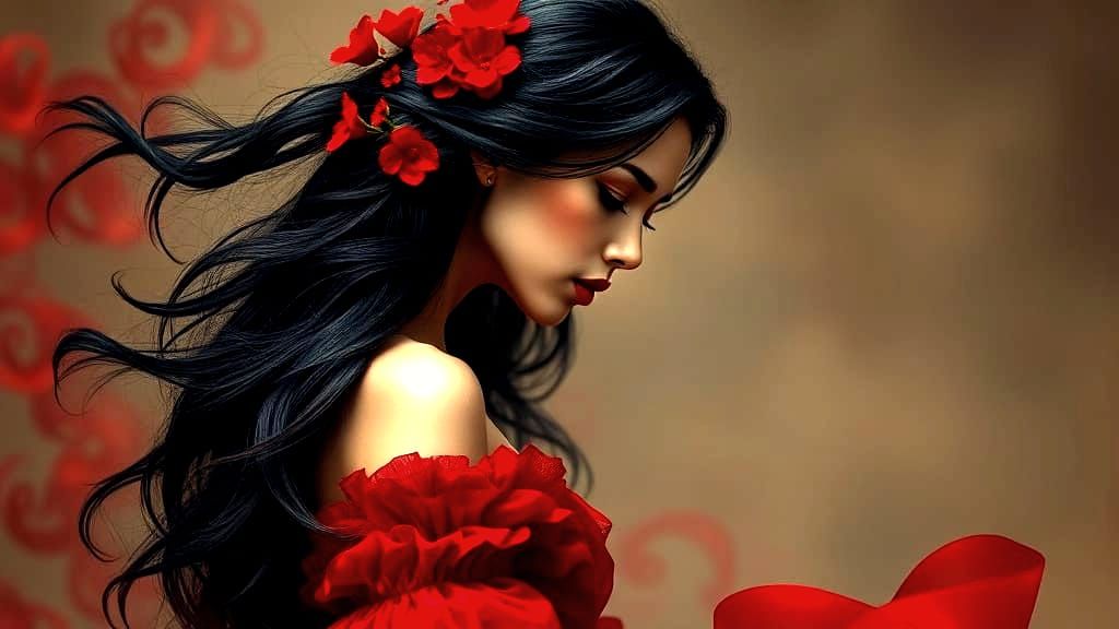 Woman in Red Dress with Flowers, Hyperrealistic Art