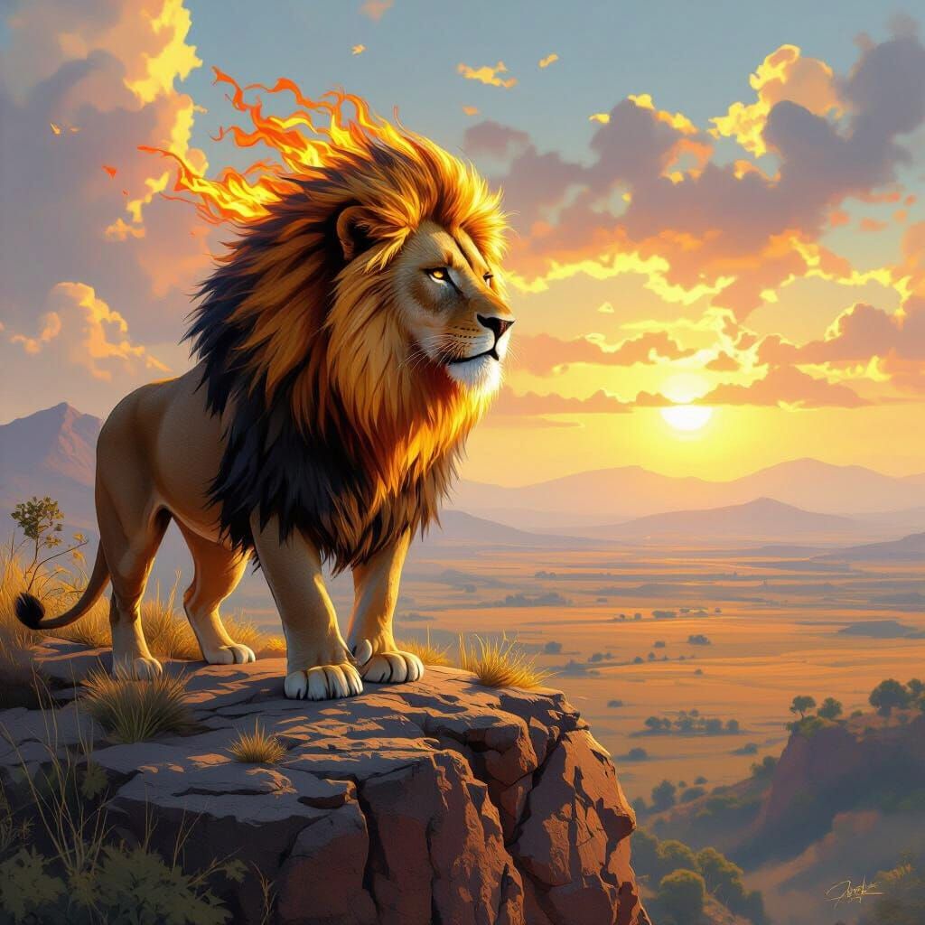 Lion with Flaming Mane Overlooking Savanna, Digital Painting