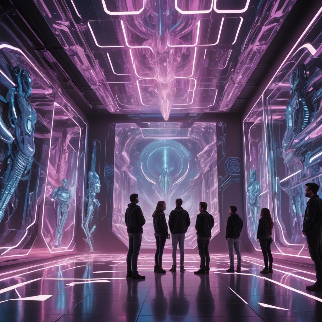 Surreal Futuristic Gallery Scene in Neon Hues