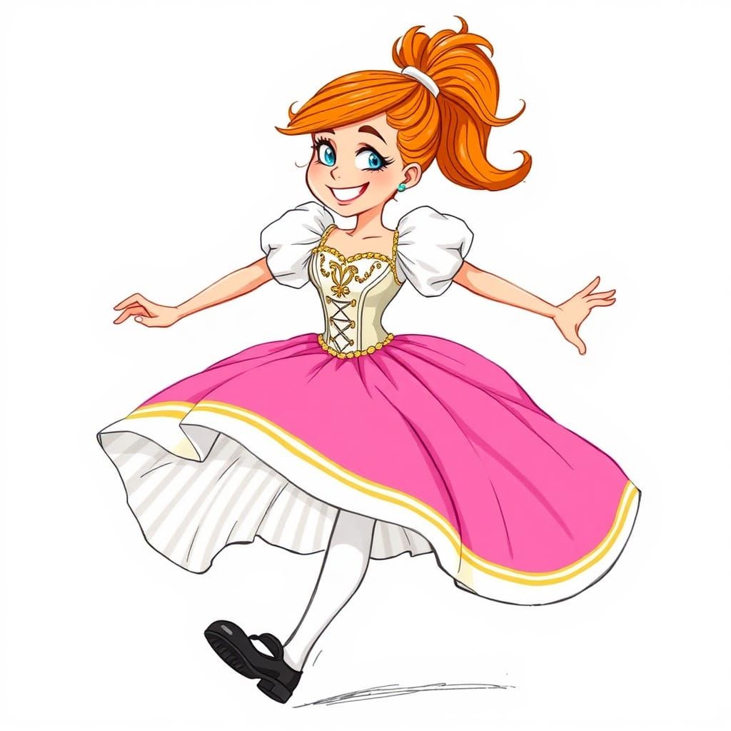 Joyful Woman in Pink Gown, Cartoon Illustration