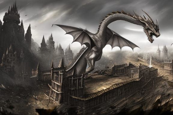 Dragon Over Destroyed Village: Dark Fantasy Art
