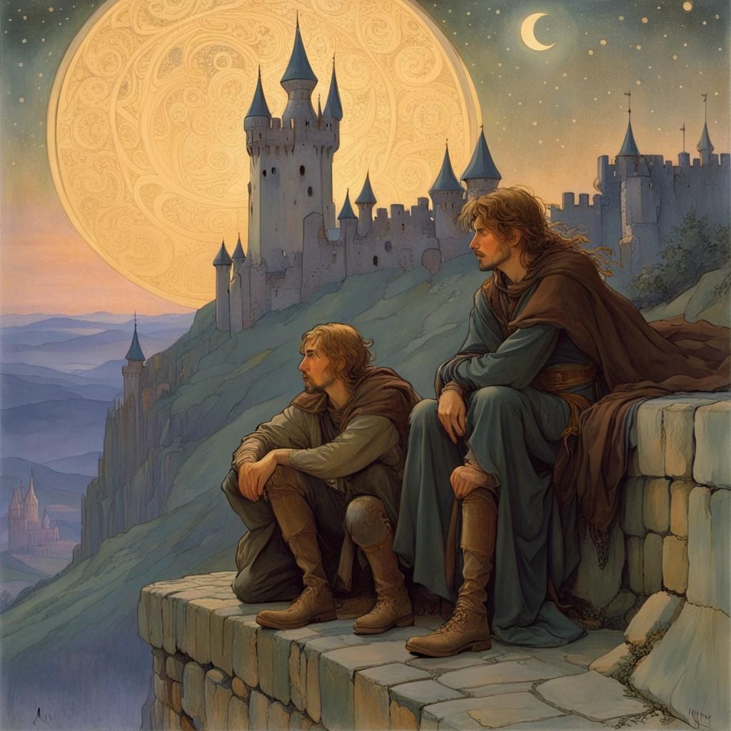 Art Nouveau Painting of Lovers Stargazing