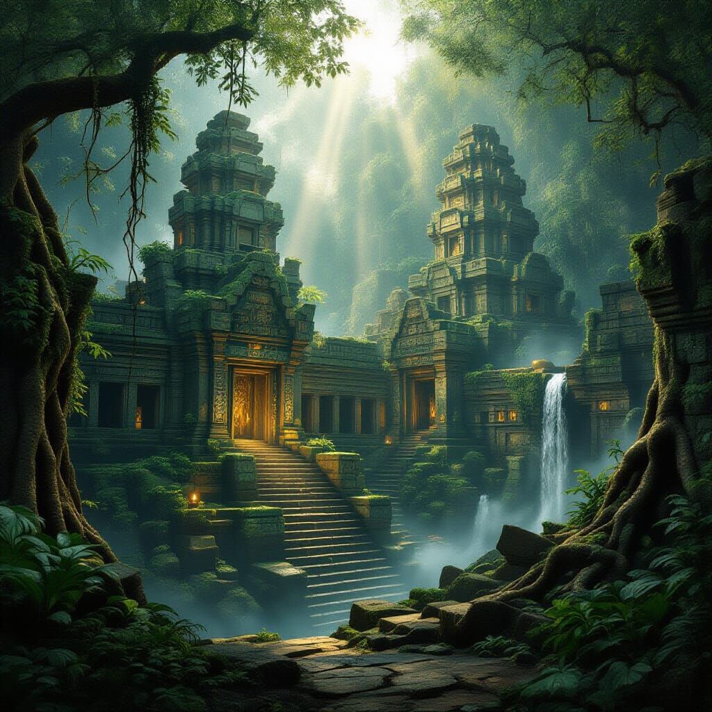 Lost City Engulfed by Lush Jungle in Epic Fantasy Style