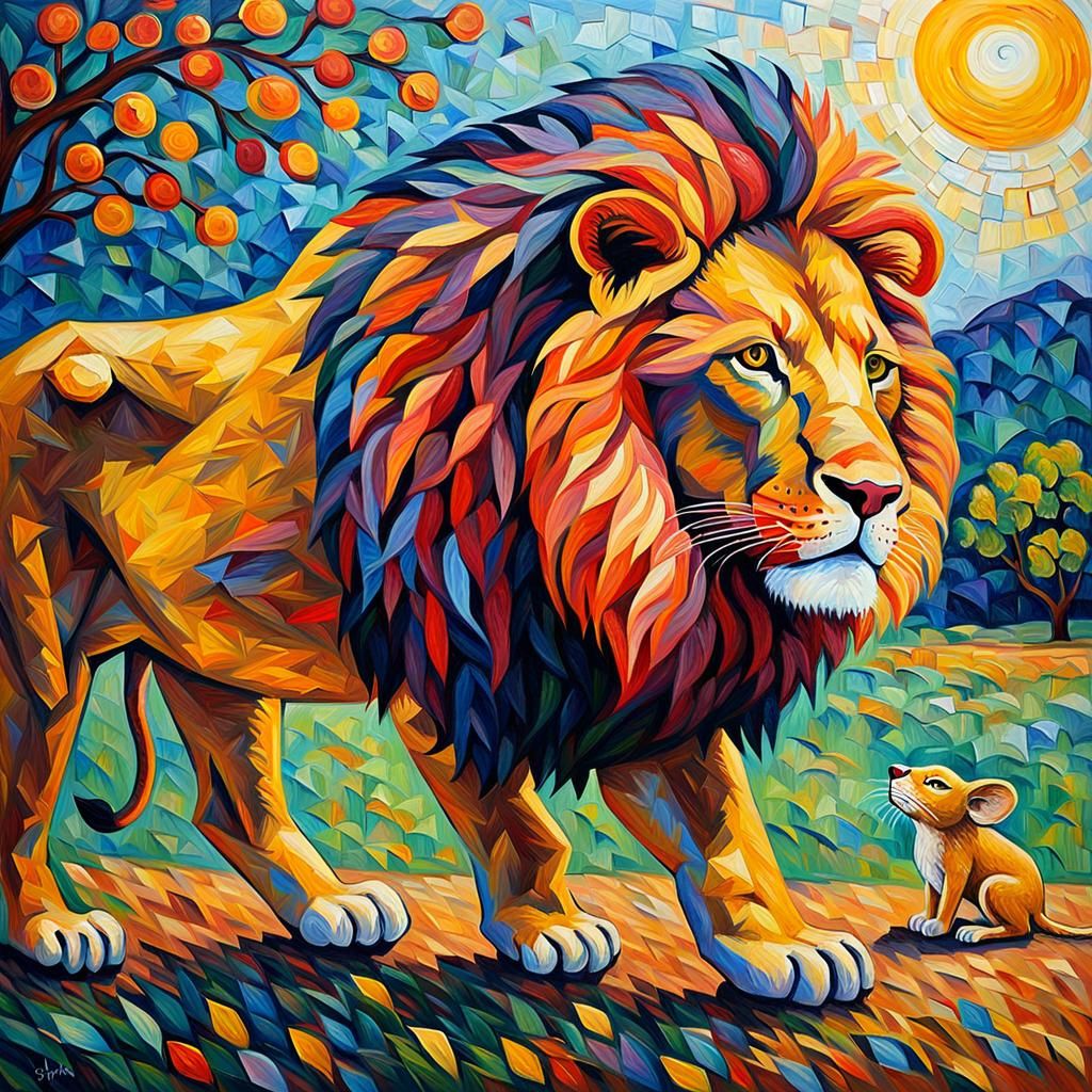Lion and Mouse in Expressionist Oil Painting