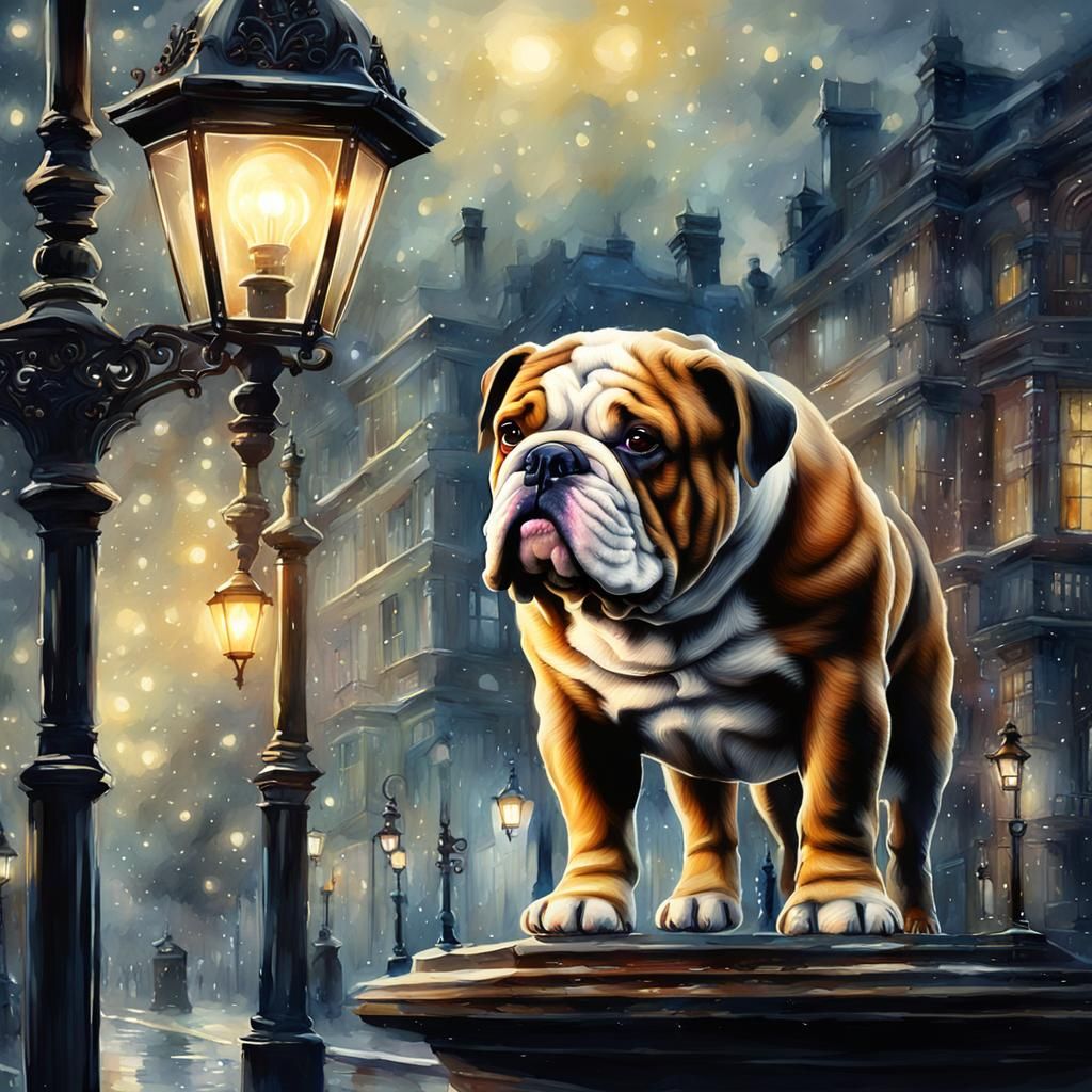 Watercolor Bulldog with Fireflies in Victorian Setting