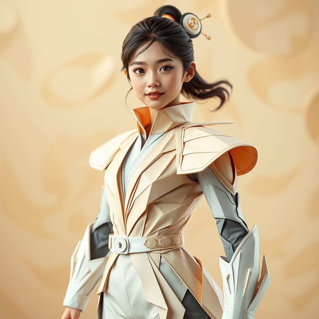Ethereal Female Hero in Origami Papercraft Costume, Cyberpun...