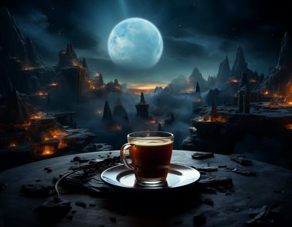 Space Coffee Bar Crash in Dark Fantasy Style
