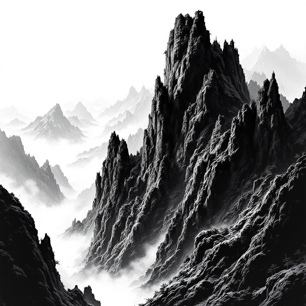 Surreal Karst Mountains in Black Ink Drawing