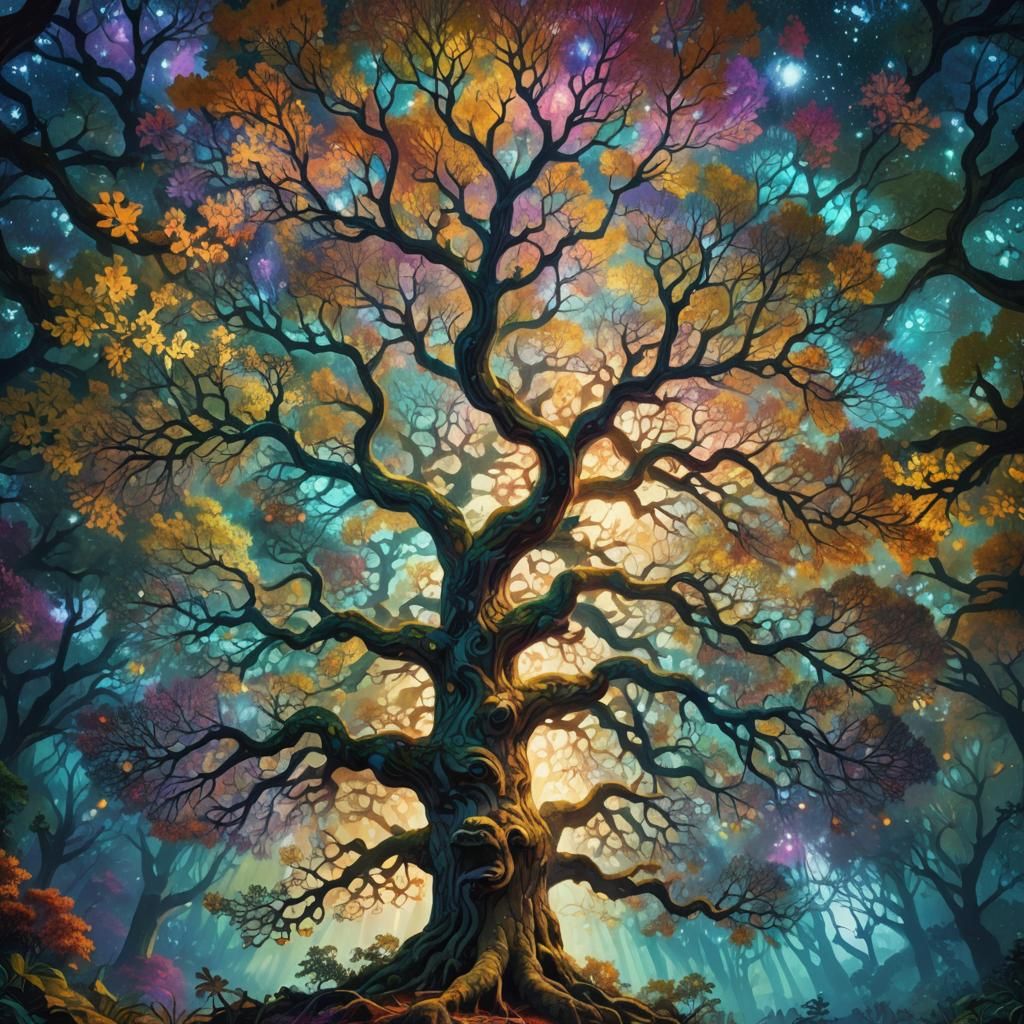 Surreal Cosmic Oak Tree in Astral Forest