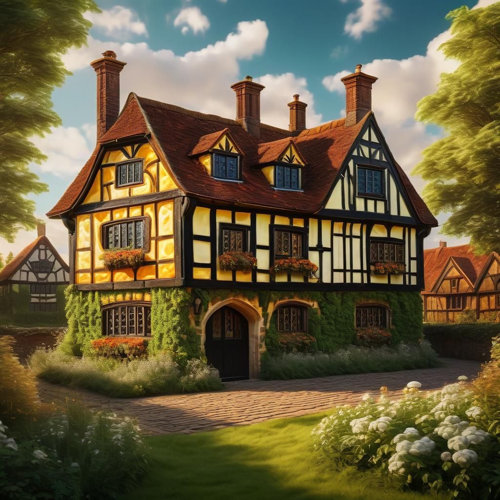 Whimsical Tudor Cheese House in Oil Painting Style