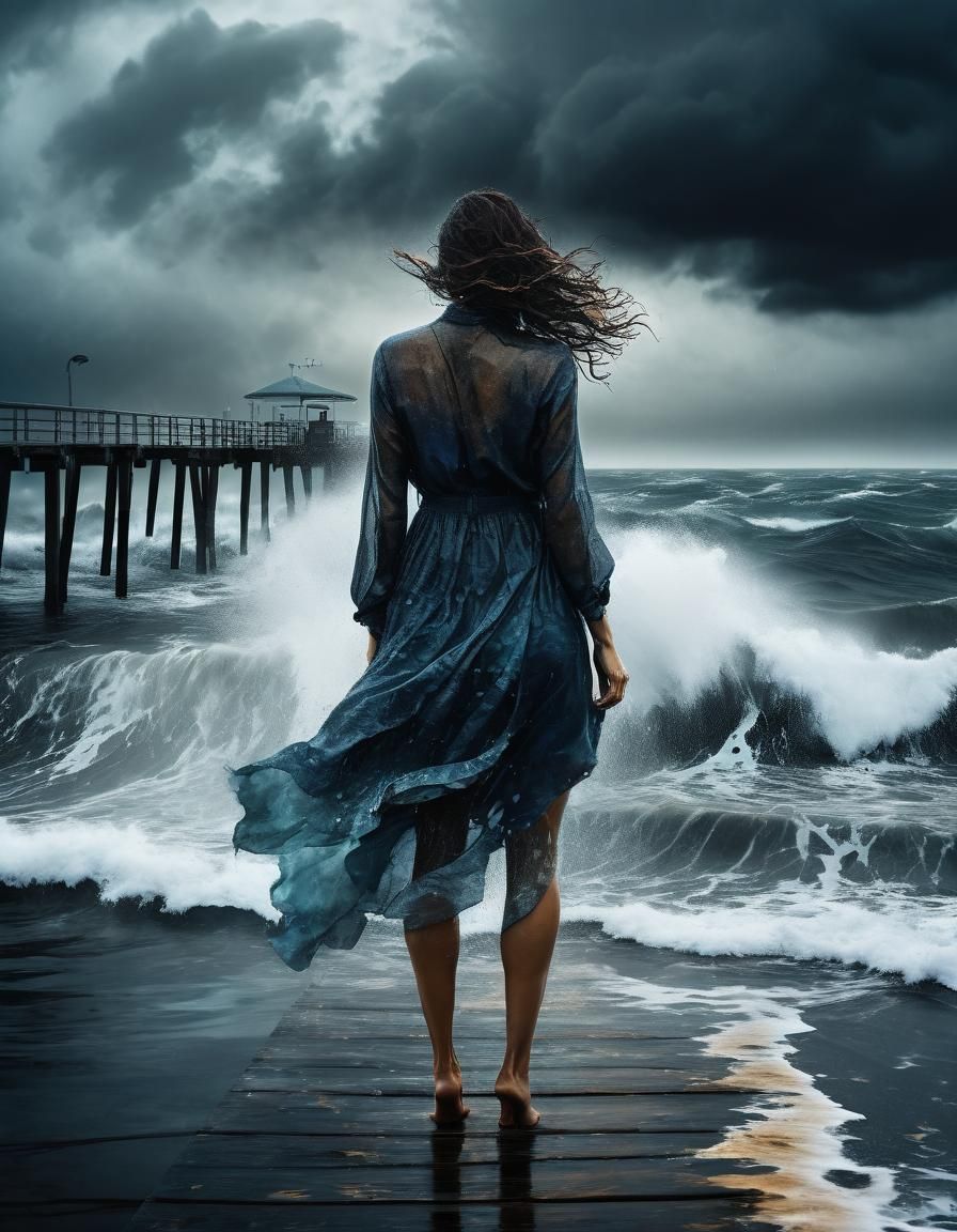 Woman on Pier: Double Exposure Silhouette in Storm