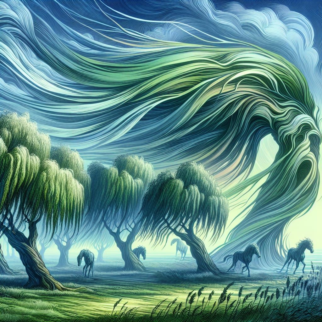 Windswept Weeping Willows in a Serene Landscape