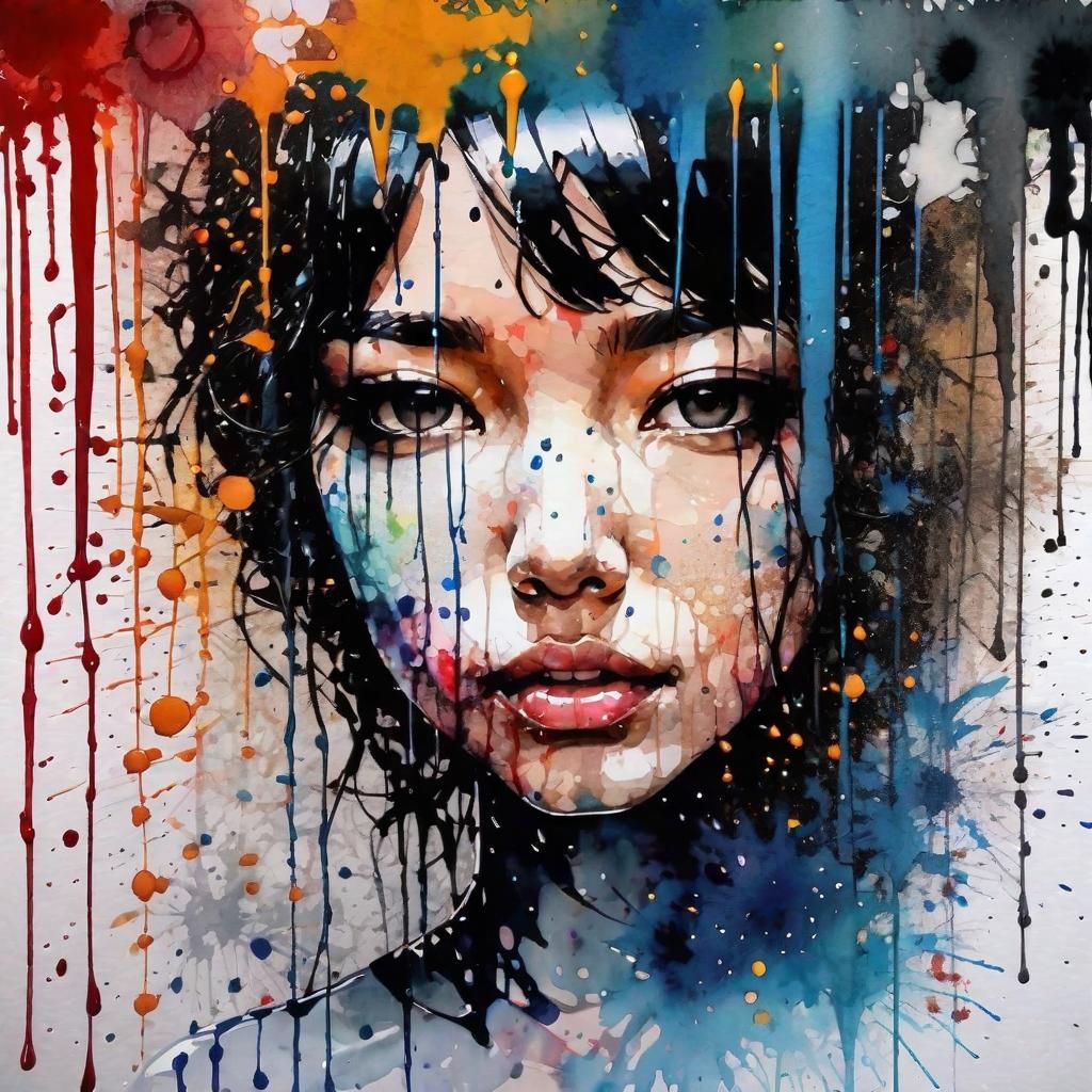 Translucent Watercolor Face with Glitter and Ink Splashes