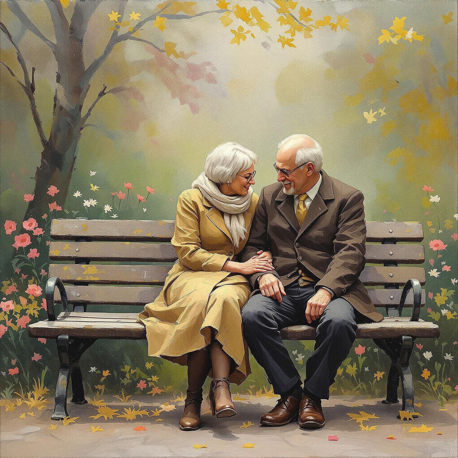 Elderly Couple in a Dreamy Park Scene in Post-Impressionist....