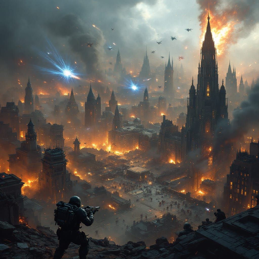 Cinematic City Under Siege by Alien Swarm