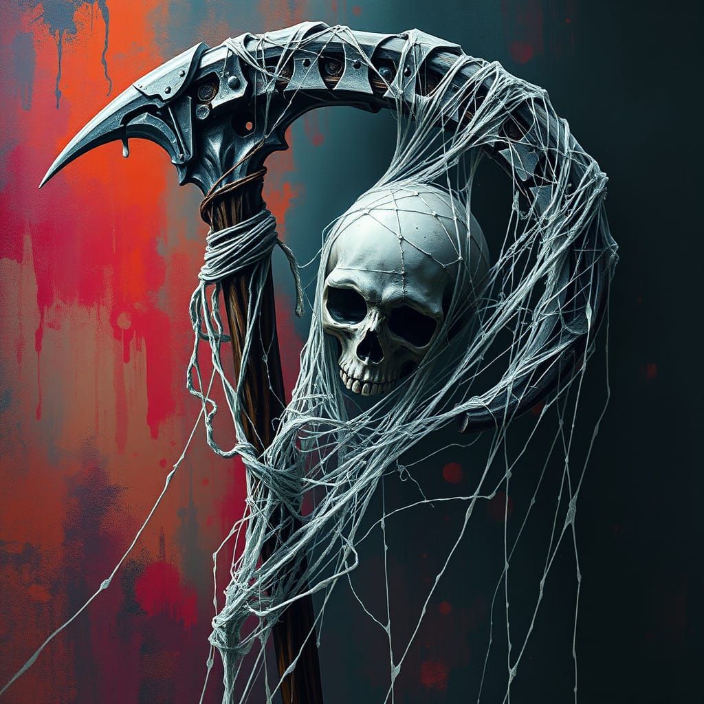 Gothic Scythe with Ghostly Face, Digital Oil Painting