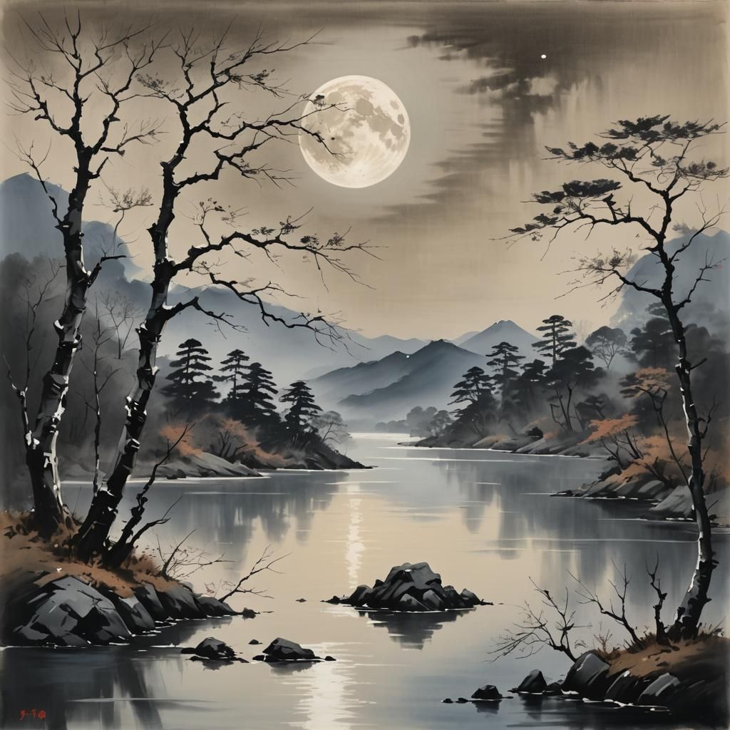 Tachisme Brushwork: Japanese Moon Over Lake