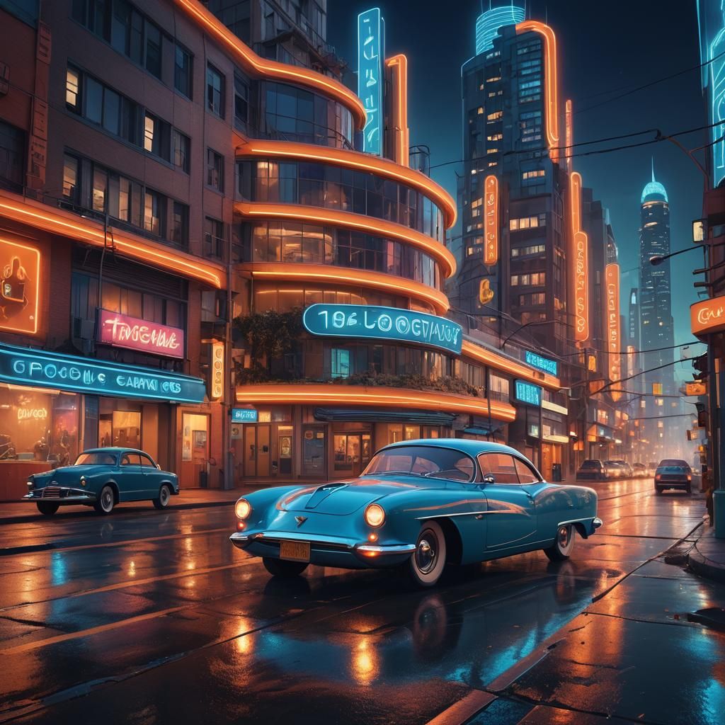 Electric Car in Retro-Futuristic 1950s Cityscape