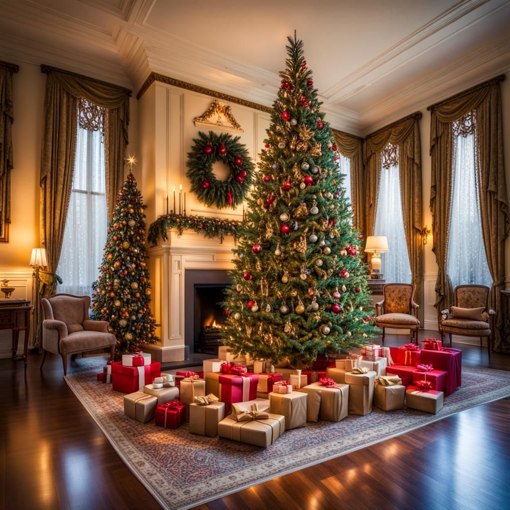 Christmas Tree in Mansion with Fireplace
